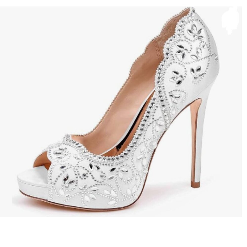 XYD Ivory Peep Toe Platform Rhinestones Studded Bridal Stiletto Heels Pumps